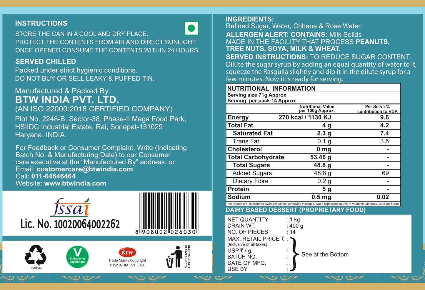 Rasgulla 1 kg Tin Pack